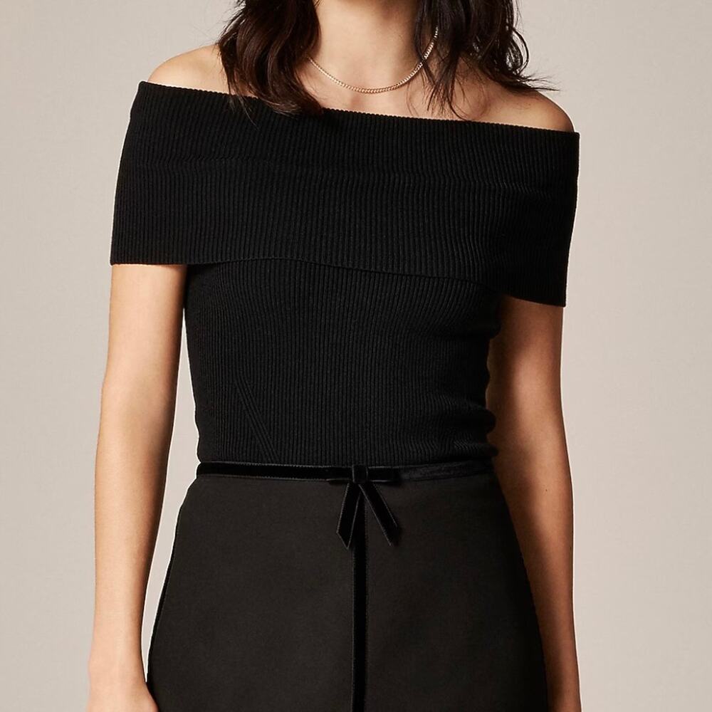 J Crew Ribbed Fold Over Off The Shoulder Top Women's Medium Black Tencel Blend